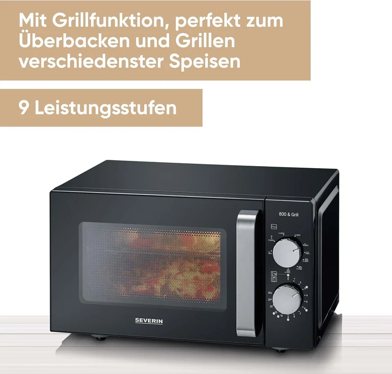 SEVERIN 2-in-1 Mikrowelle mit Keramikboden und Grill, Mikrowellengerät zum Auftauen und Erhitzen, Mi