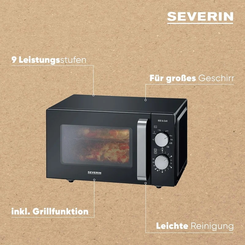 SEVERIN 2-in-1 Mikrowelle mit Keramikboden und Grill, Mikrowellengerät zum Auftauen und Erhitzen, Mi