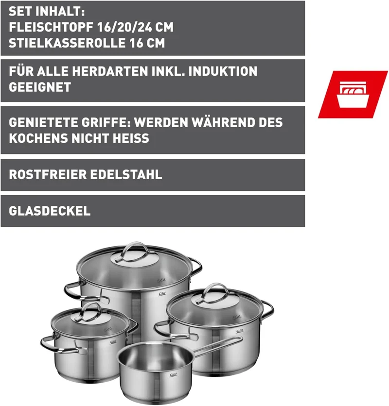 Silit Achat Topfset Induktion 4-teilig, Kochtopf Set mit Glasdeckel, Edelstahl teilmattiert, Indukti