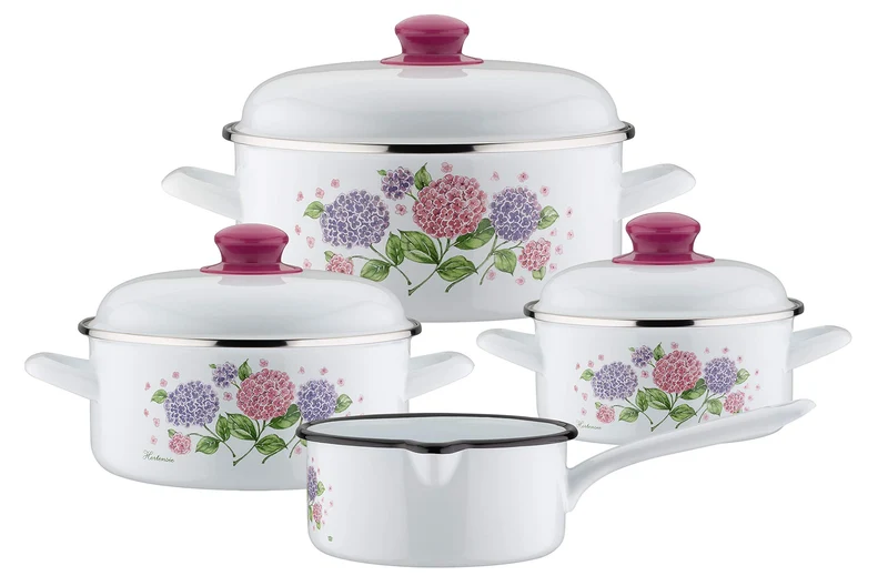 GSW 189989 Kochtopf-Set Hortensie 7-tlg, Stahl-Emaille, Kunststoff, weiss