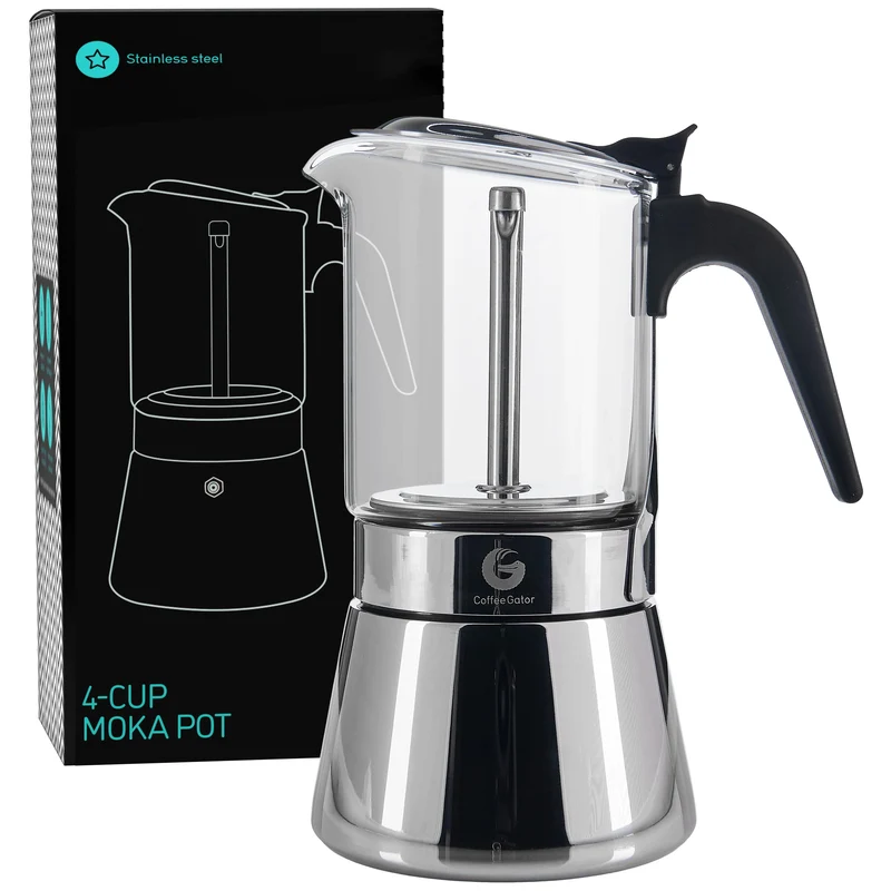 Coffee Gator Espressokocher Herdplatte 4 Tassen - 200 ML Edelstahl Moka-Kanne für Kräftigen Kaffee N