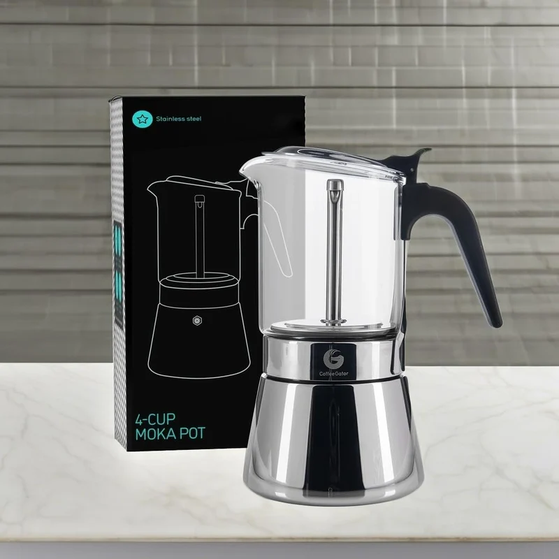 Coffee Gator Espressokocher Herdplatte 4 Tassen - 200 ML Edelstahl Moka-Kanne für Kräftigen Kaffee N
