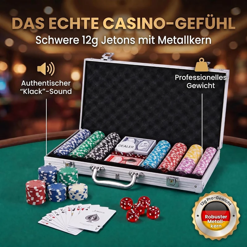 Alu Pokerkoffer 500 Poker-Chips - 12g Metallkern, Profi Pokerset, silber Silber 500 Chips, Silber 50