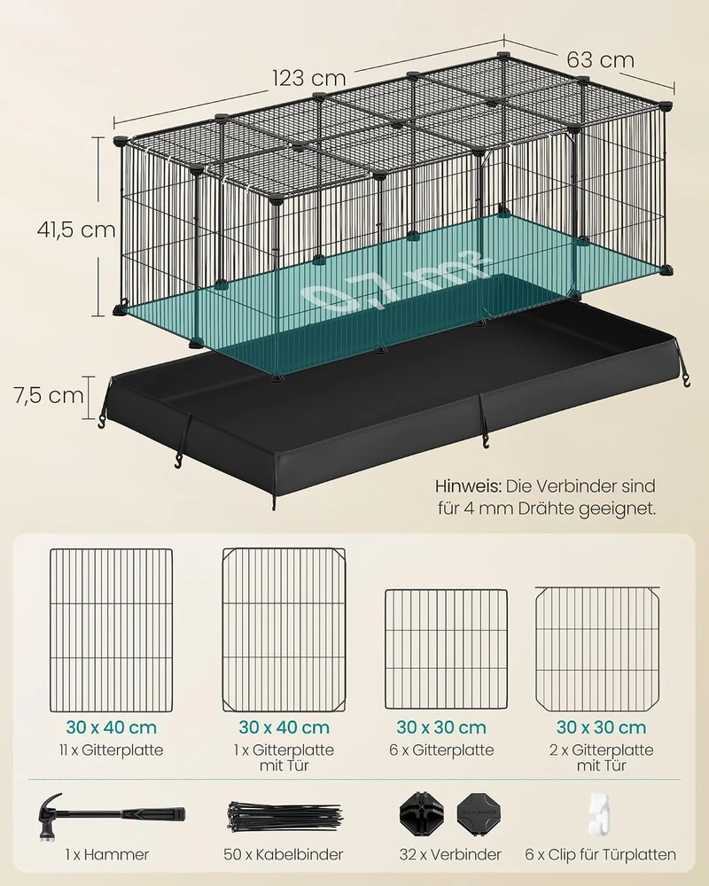 SONGMICS Kleintiergehege, 3 Türen, 20 Platten, 123 x 63 x 41,5 cm S (123 x 63 x 41,5 cm), S (123 x 6
