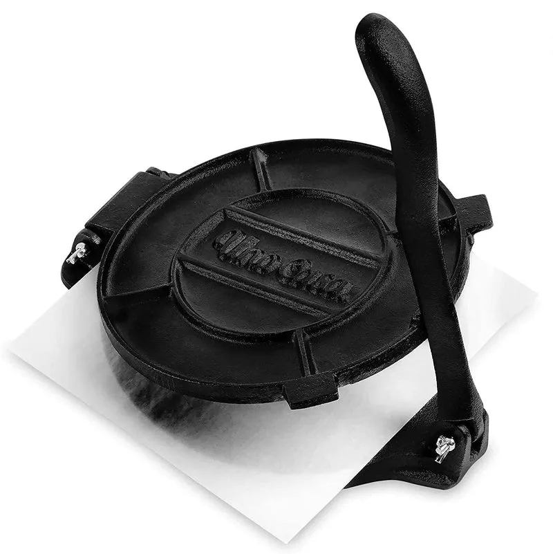 Uno Casa Tortilla Presse 25 cm aus Gusseisen – Taco Presse und Roti Maker - Plus 100 Blatt Backpapie