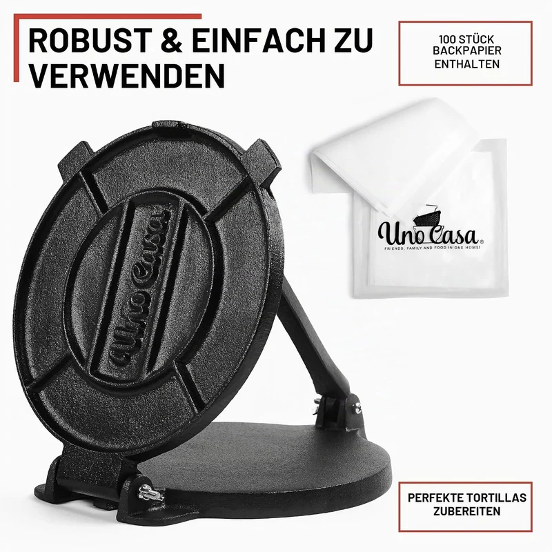Uno Casa Tortilla Presse 25 cm aus Gusseisen – Taco Presse und Roti Maker - Plus 100 Blatt Backpapie