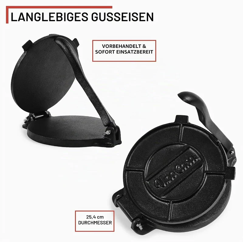 Uno Casa Tortilla Presse 25 cm aus Gusseisen – Taco Presse und Roti Maker - Plus 100 Blatt Backpapie