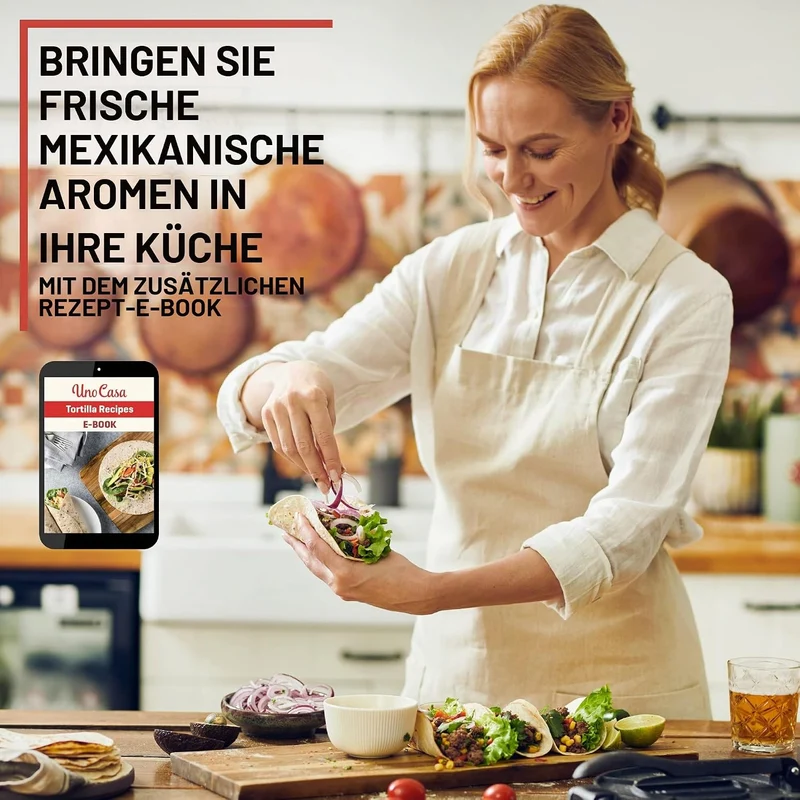 Uno Casa Tortilla Presse 25 cm aus Gusseisen – Taco Presse und Roti Maker - Plus 100 Blatt Backpapie