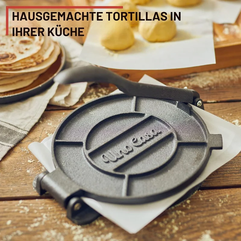 Uno Casa Tortilla Presse 25 cm aus Gusseisen – Taco Presse und Roti Maker - Plus 100 Blatt Backpapie