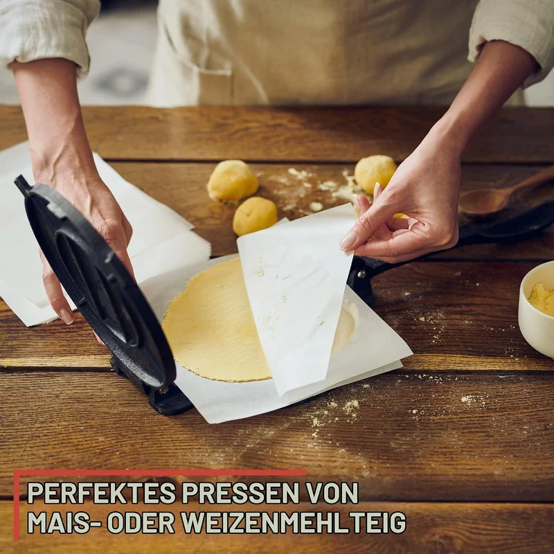 Uno Casa Tortilla Presse 25 cm aus Gusseisen – Taco Presse und Roti Maker - Plus 100 Blatt Backpapie