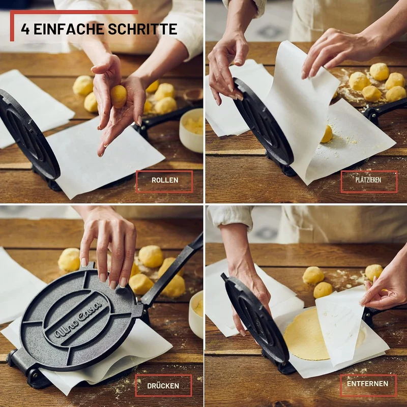 Uno Casa Tortilla Presse 25 cm aus Gusseisen – Taco Presse und Roti Maker - Plus 100 Blatt Backpapie