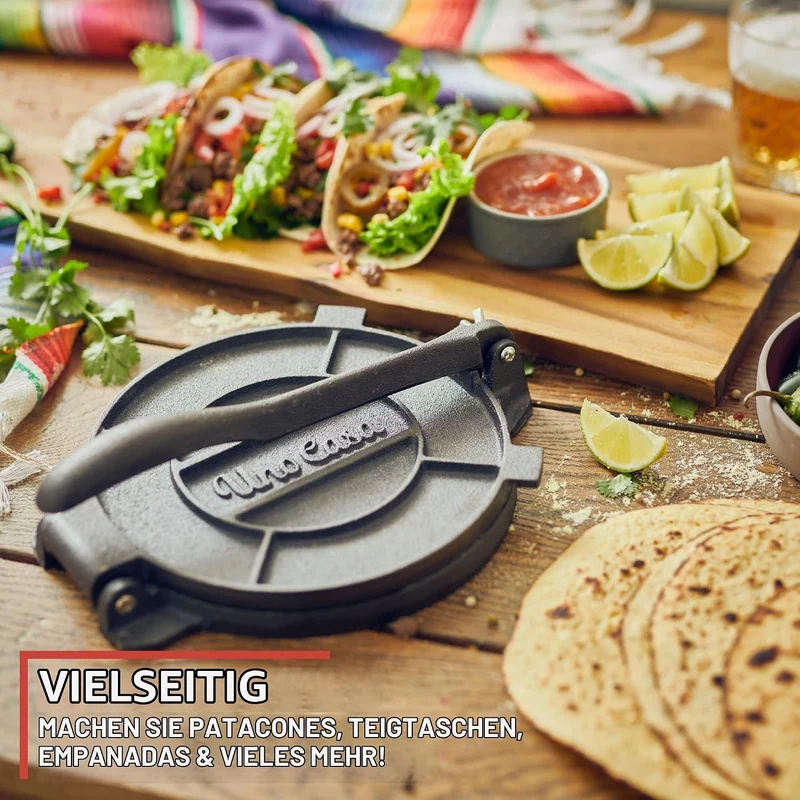 Uno Casa Tortilla Presse 25 cm aus Gusseisen – Taco Presse und Roti Maker - Plus 100 Blatt Backpapie