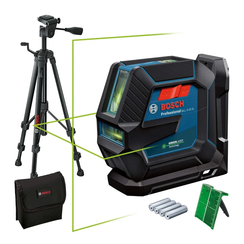 Bosch Professional Linienlaser GLL 2-15 G (grüner Laser, Halterung LB 10, Stativ BT 150, sichtbarer