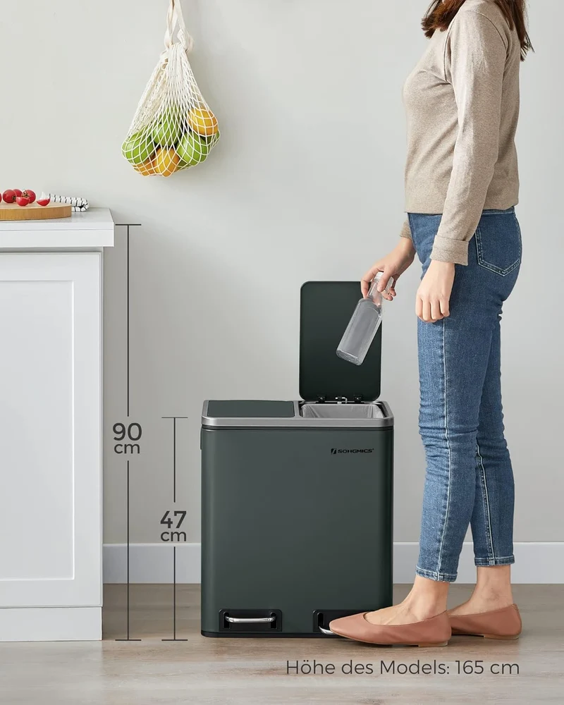 SONGMICS Mülleimer Küche, 2 x 15 L, Mülltrennsystem, Abfalleimer aus Metall, Treteimer mit Inneneime