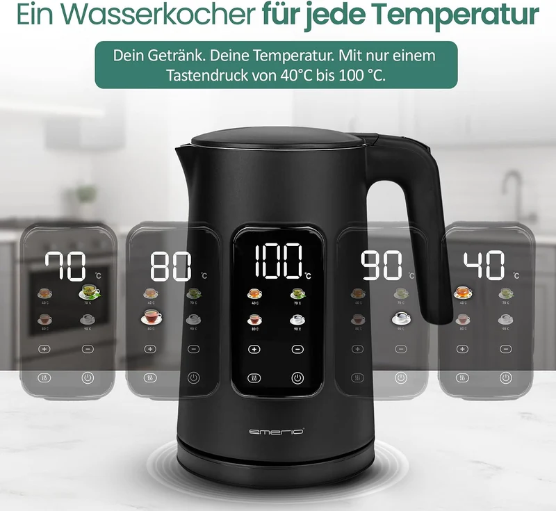 EMERIO Wasserkocher Edelstahl 1.7L | isolierte Doppelwand | Temperaturwahl 40-100°C in 5°C Schritten