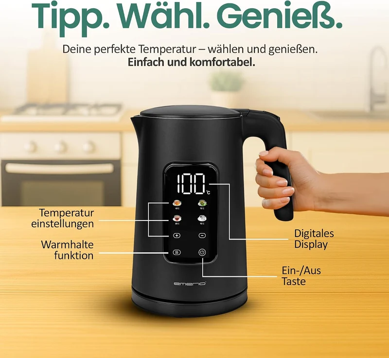 EMERIO Wasserkocher Edelstahl 1.7L | isolierte Doppelwand | Temperaturwahl 40-100°C in 5°C Schritten