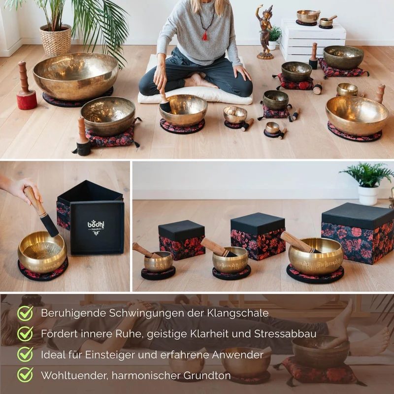 Indische Klangschalen mit OM-Verzierung und Geschenkbox, 15