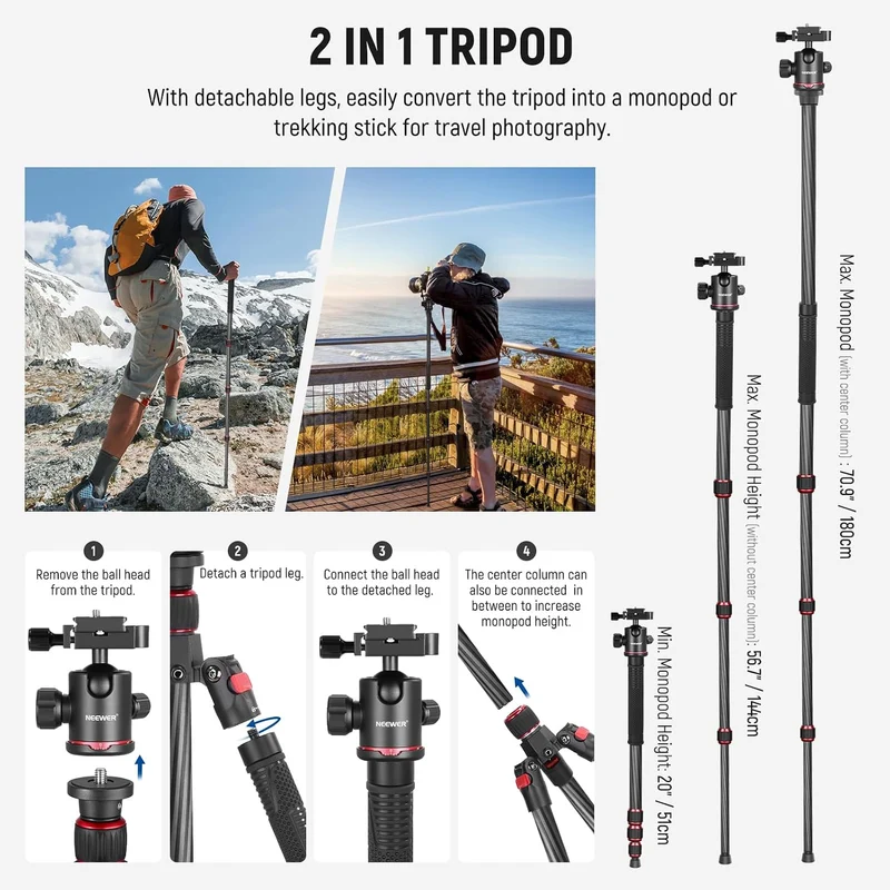 Neewer Kohlefaser 168 Zentimeter Stativ Einbeinstativ mit 360 Grad Kugelkopf, 1/4'' Schnellschuhplat