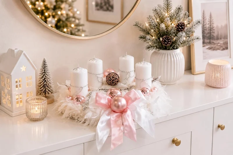 Adventskranz weiss rosa 40 cm künstlich Weihnachten Adventsgesteck Deko