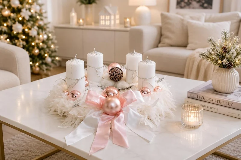 Adventskranz weiss rosa 40 cm künstlich Weihnachten Adventsgesteck Deko
