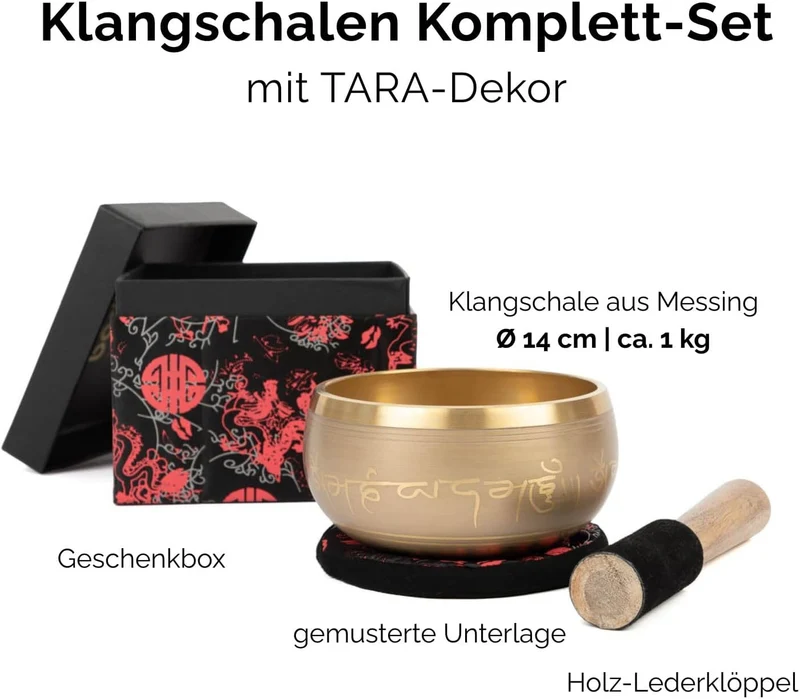 Indische Klangschalen mit TARA-Verzierung und Geschenkbox, 14