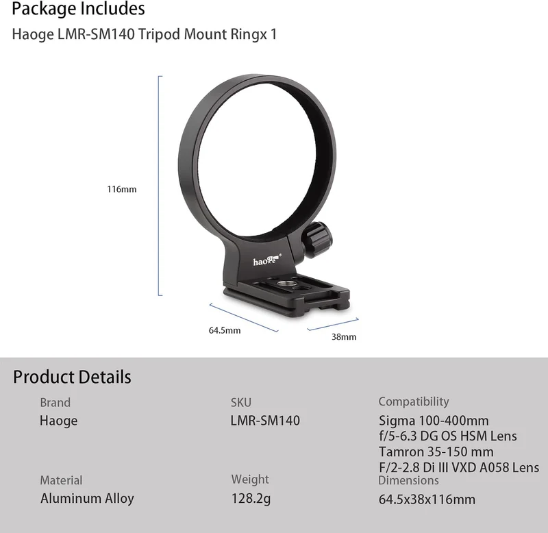 Haoge LMR-SM140 Objektivstativfuss für Sigma 100–400 mm f/5–6,3 DG OS HSM Zeitgenössisches Objektiv