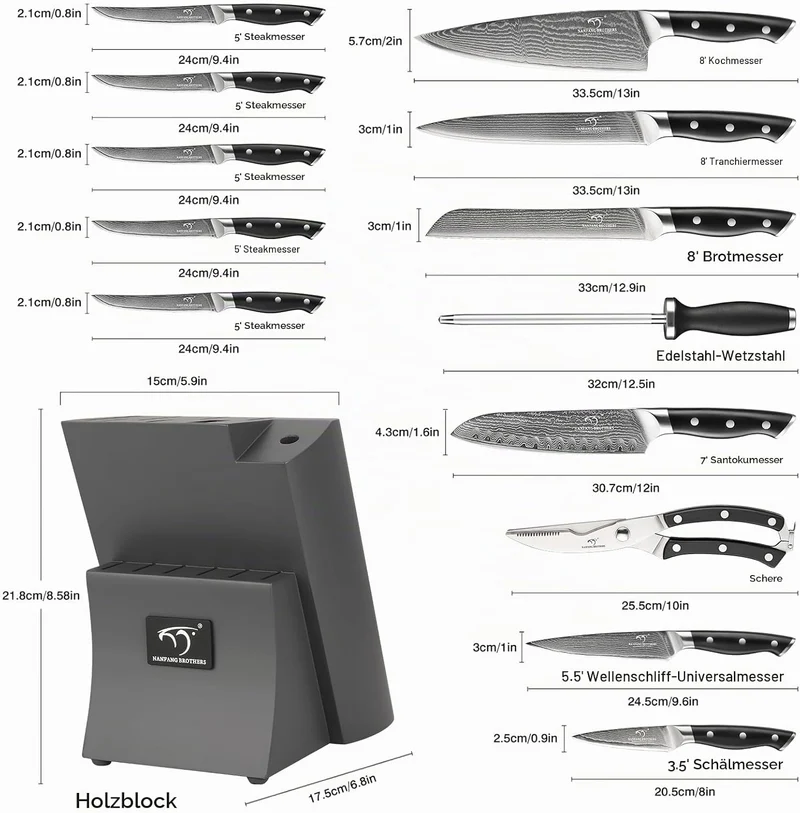 NANFANG BROTHERS 15er Damastmesser Set Damastmesser Set mit Buchenholzmesserblock, Messerblock mit M