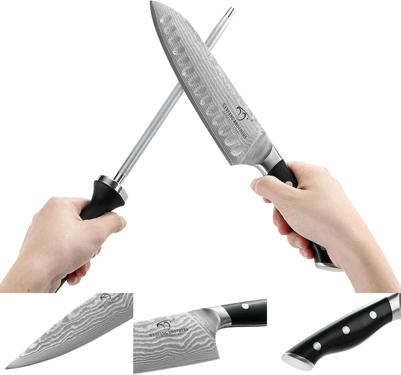 NANFANG BROTHERS 15er Damastmesser Set Damastmesser Set mit Buchenholzmesserblock, Messerblock mit M