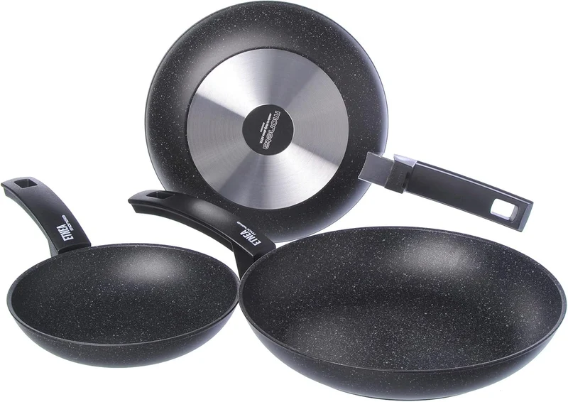 Moneta Etnea Bratpfannen Set 20-24-28, Aluminum, Schwarz - Stein Optik, 28 cm/46 x 29 x 15 cm, Bratp