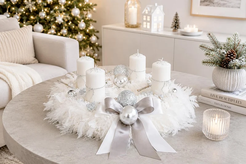 Adventskranz weiss Silber 40 cm künstlich Weihnachten Adventsgesteck Deko Federn