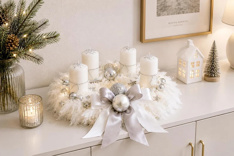Adventskranz weiss Silber 40 cm künstlich Weihnachten Adventsgesteck Deko Federn