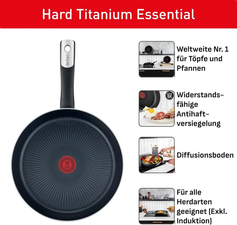 Tefal Hard Titanium Essential Bratpfanne 28 cm *+/- 0,5 cm, Antihaftversiegelung, Thermo-Signal bei
