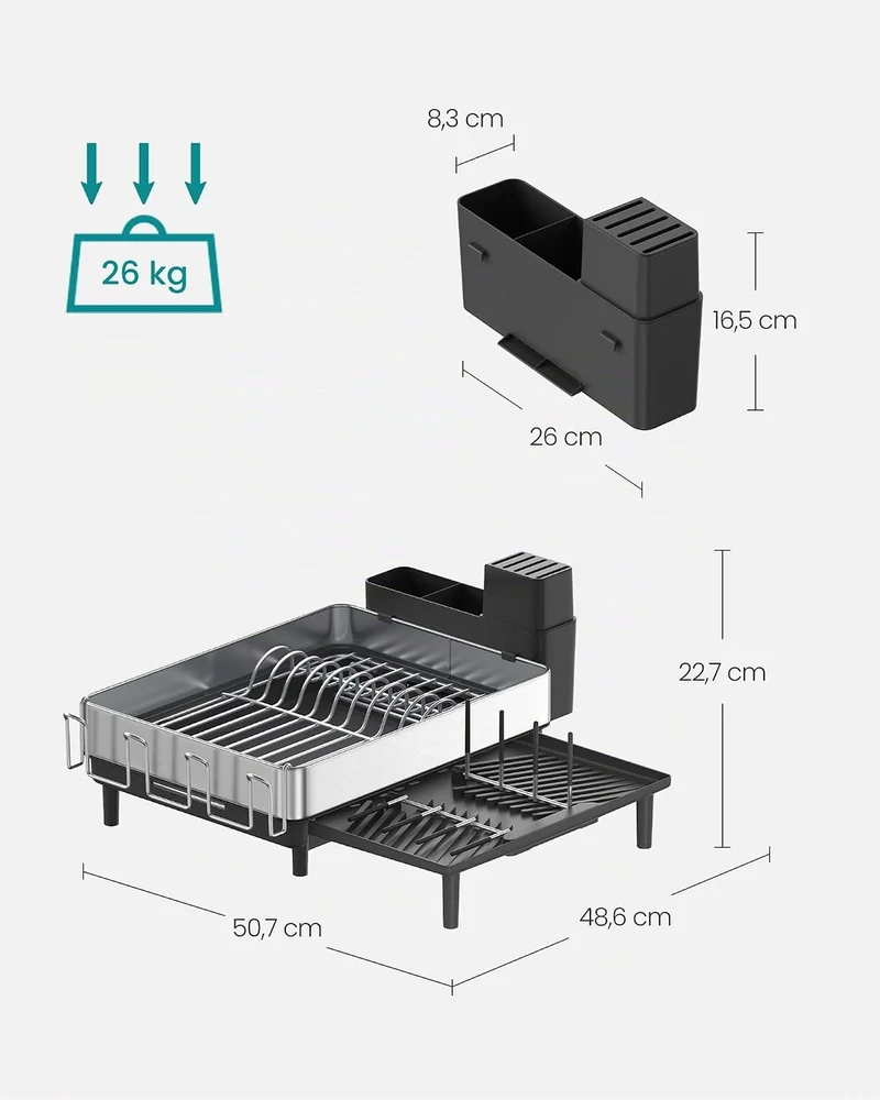 SONGMICS Abtropfgestell, Edelstahl, ausziehbar, drehbarer Auslauf Silber + Schwarz 50.7D x 22.7H cm,