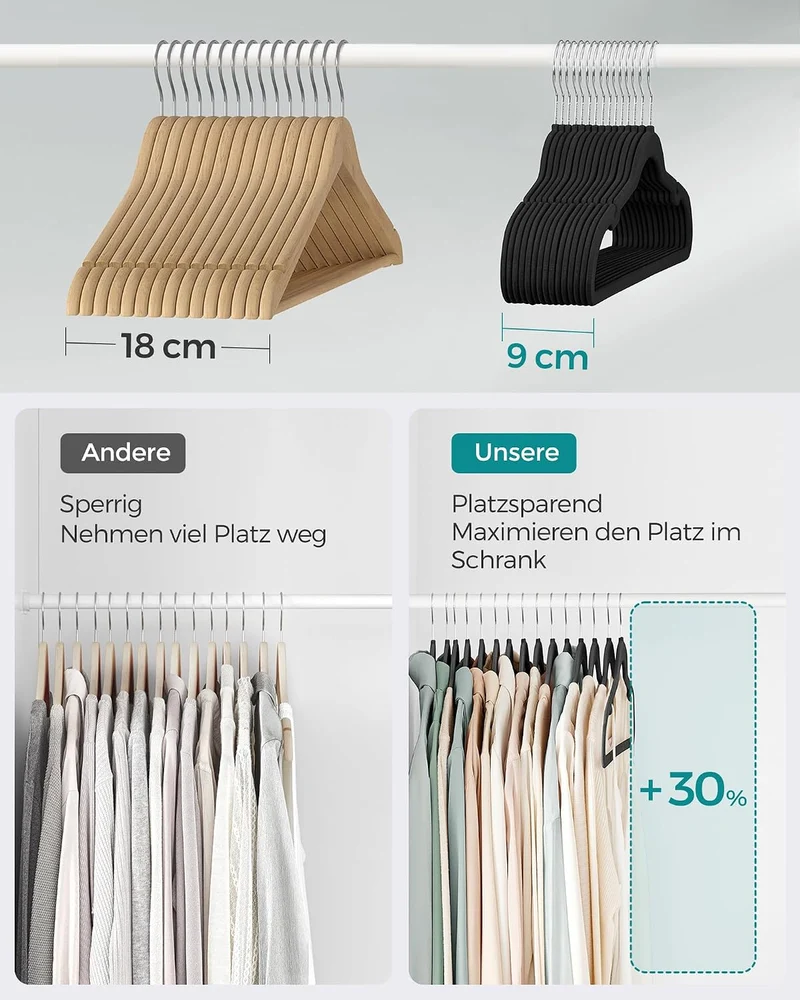 SONGMICS Kleiderbügel Samt, 100er Set, Bügel, rutschfest, mit Einkerbungen im Schulterbereich, Steg