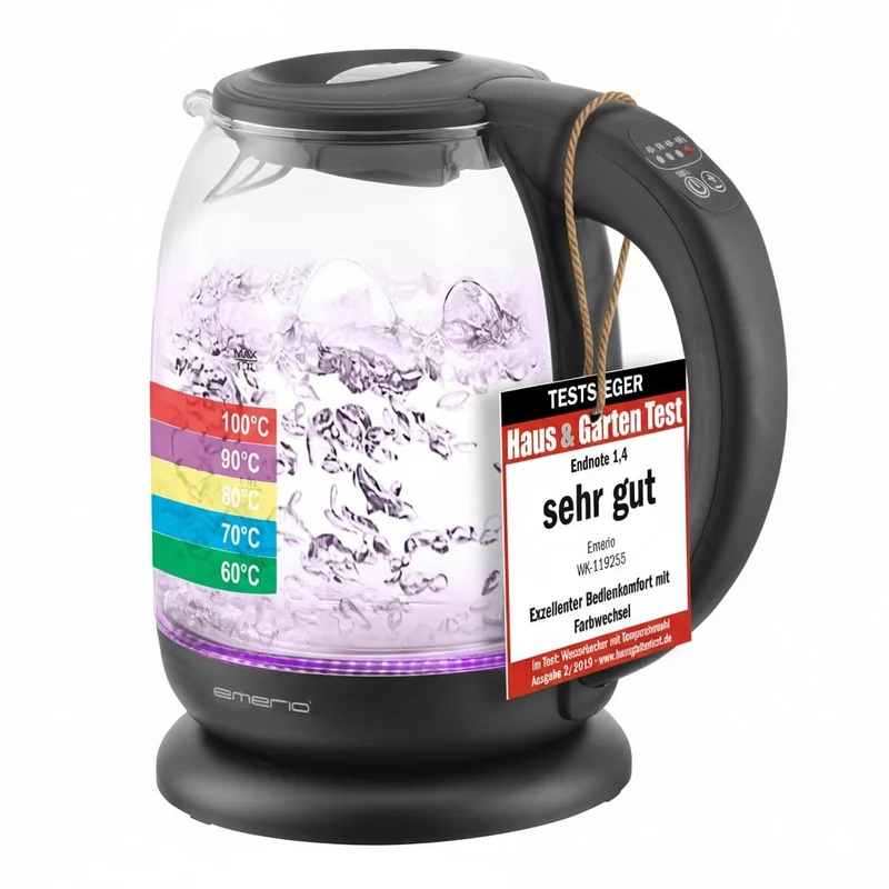 Emerio WK-119255 TESTSIEGER Haus & Garten Test 02/2019, Glas Wasserkocher mit Temperaturwahl (60°C/7