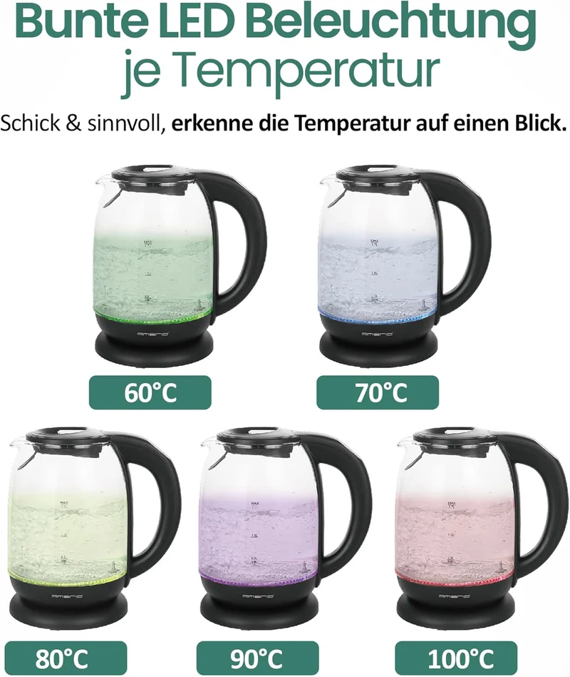 Emerio WK-119255 TESTSIEGER Haus & Garten Test 02/2019, Glas Wasserkocher mit Temperaturwahl (60°C/7