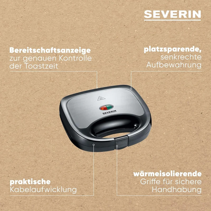 SEVERIN Sandwich-Toaster, Sandwichplatte, 600 W, SA 2969, Edelstahl/Schwarz Noir/Inox Brossé Single