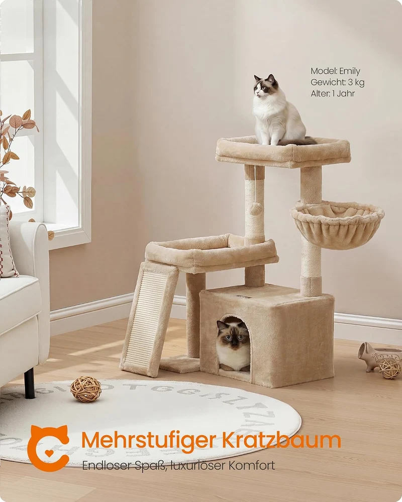 Feandrea Kratzbaum, Katzenbaum mit Kratzsäulen, Rampe, Katzenkratzbaum, 2 grosse Plattformen, Höhle