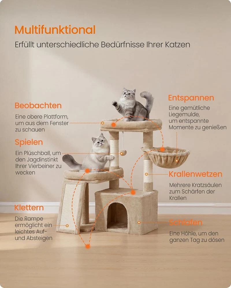 Feandrea Kratzbaum, Katzenbaum mit Kratzsäulen, Rampe, Katzenkratzbaum, 2 grosse Plattformen, Höhle