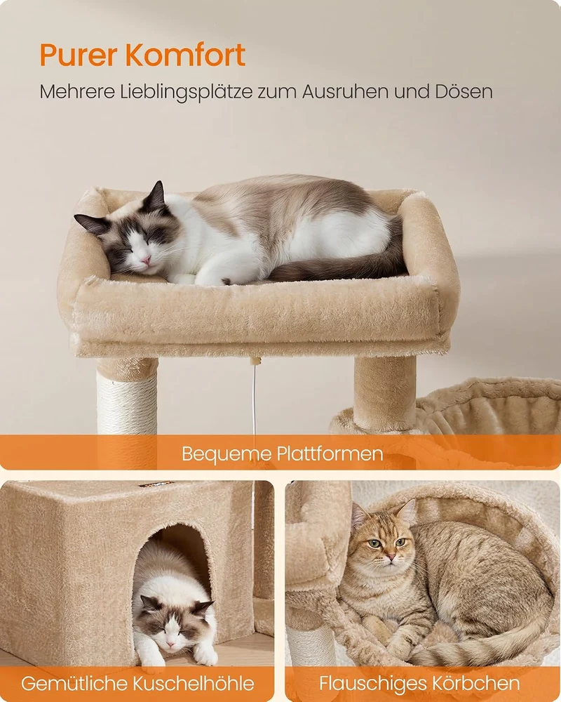 Feandrea Kratzbaum, Katzenbaum mit Kratzsäulen, Rampe, Katzenkratzbaum, 2 grosse Plattformen, Höhle