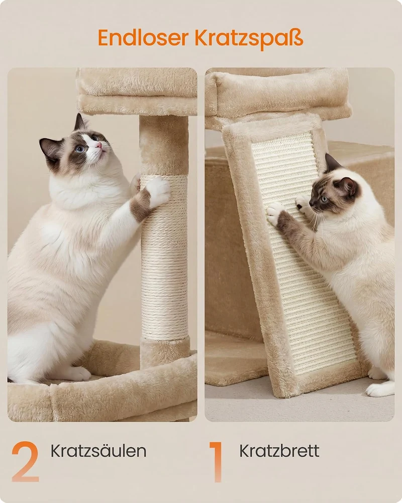 Feandrea Kratzbaum, Katzenbaum mit Kratzsäulen, Rampe, Katzenkratzbaum, 2 grosse Plattformen, Höhle