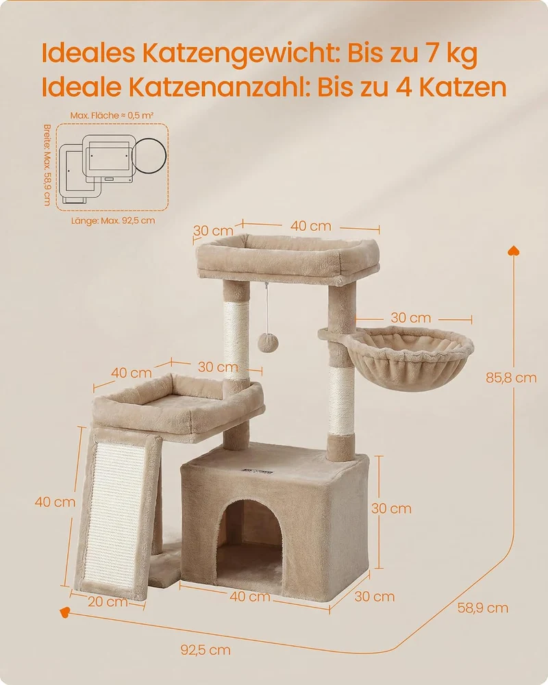 Feandrea Kratzbaum, Katzenbaum mit Kratzsäulen, Rampe, Katzenkratzbaum, 2 grosse Plattformen, Höhle