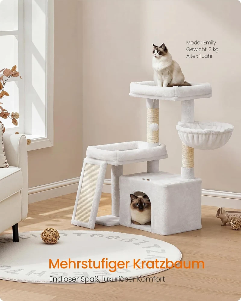 Feandrea Kratzbaum, Katzenbaum mit Kratzsäulen, Rampe, Katzenkratzbaum, 2 grosse Plattformen, Höhle