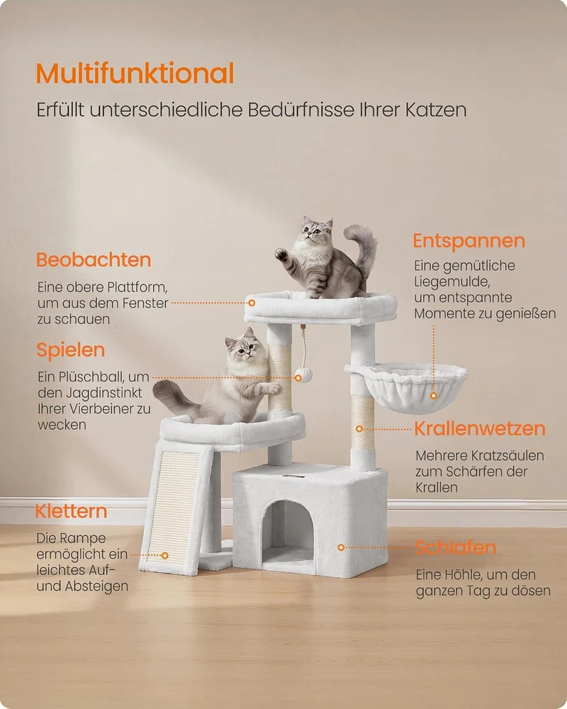 Feandrea Kratzbaum, Katzenbaum mit Kratzsäulen, Rampe, Katzenkratzbaum, 2 grosse Plattformen, Höhle