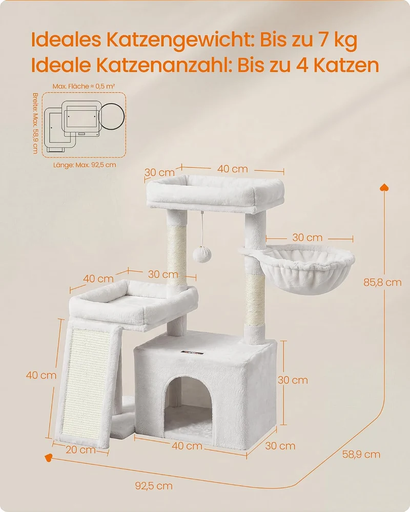 Feandrea Kratzbaum, Katzenbaum mit Kratzsäulen, Rampe, Katzenkratzbaum, 2 grosse Plattformen, Höhle