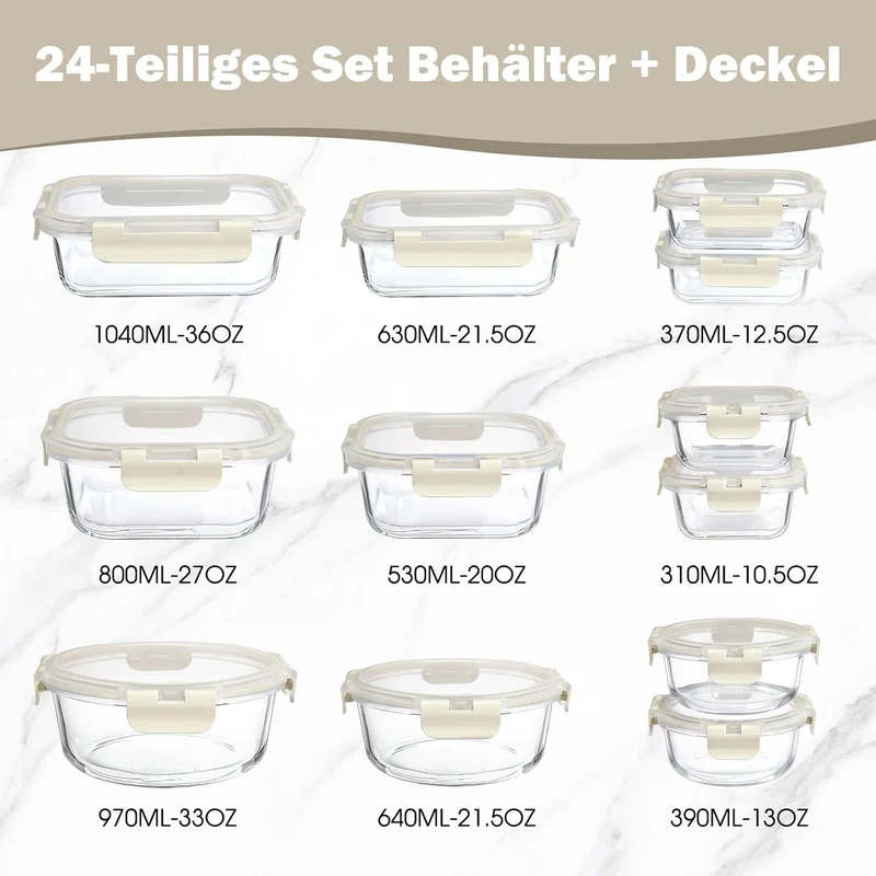YASHE Glasbehälter mit Deckel, 12 Teile Stapelbar & Luftdicht Meal Prep Boxen Glas für Spülmaschine,