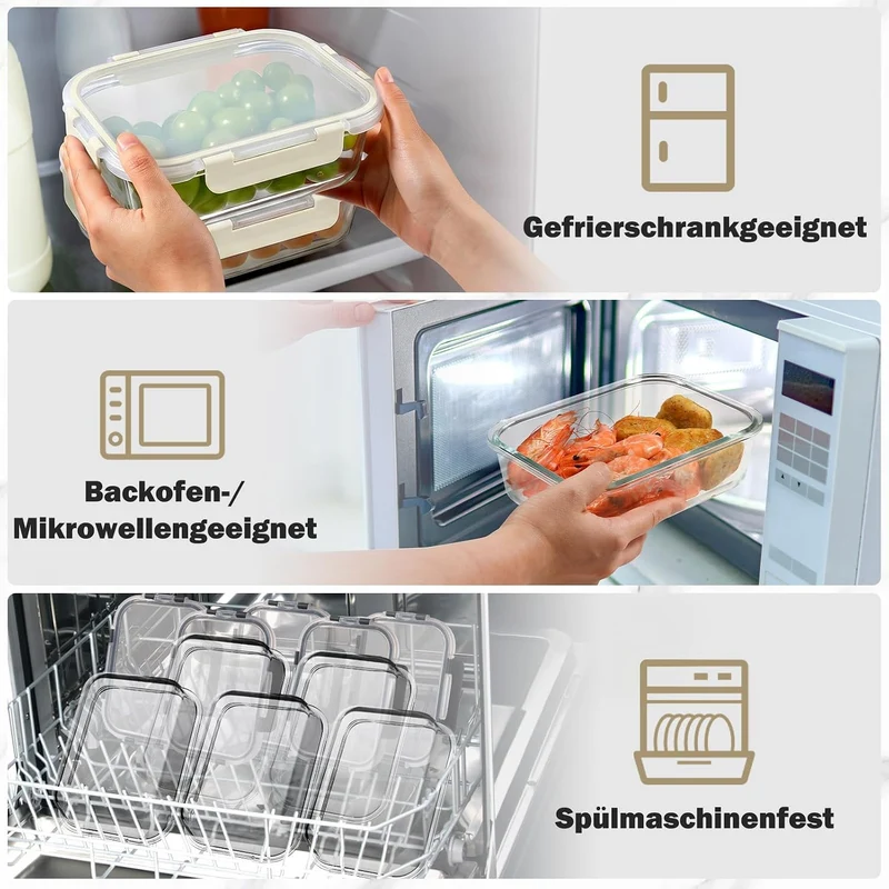 YASHE Glasbehälter mit Deckel, 12 Teile Stapelbar & Luftdicht Meal Prep Boxen Glas für Spülmaschine,