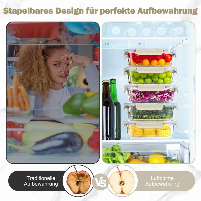 YASHE Glasbehälter mit Deckel, 12 Teile Stapelbar & Luftdicht Meal Prep Boxen Glas für Spülmaschine,