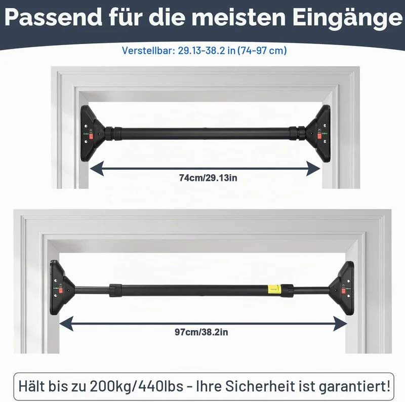 Klimmzugstange Türrahmen,Pull Up Bar Tragkraft bis 200 Kg,Reckstange Ohne Schrauben 74-97 cm Auszieh