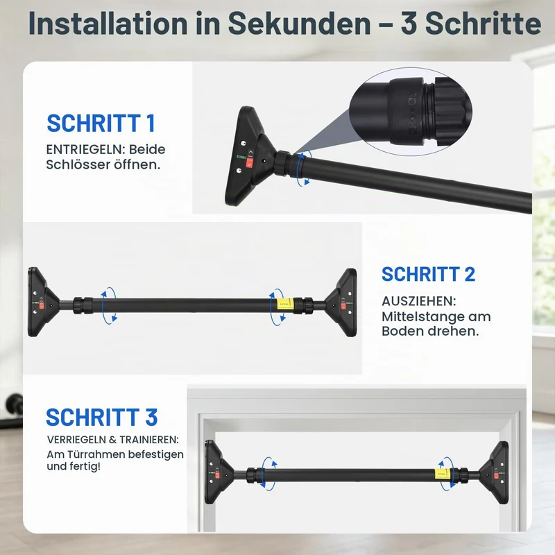 Klimmzugstange Türrahmen,Pull Up Bar Tragkraft bis 200 Kg,Reckstange Ohne Schrauben 74-97 cm Auszieh